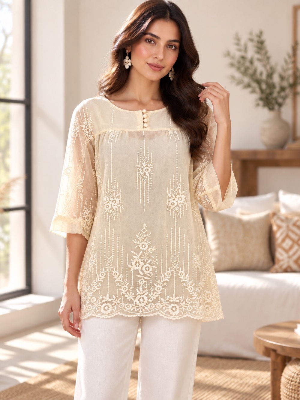 Sundance Boho Sheer Overlay Blouse Floral Embroidery Short Sleeves Small NWOT